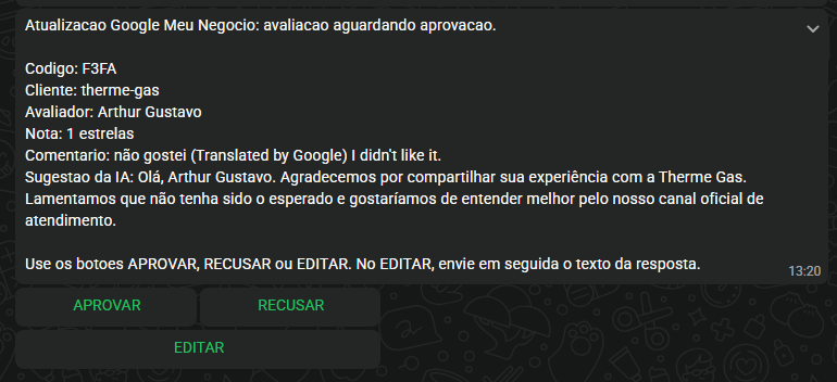 Notificación WhatsApp Therme Gás: evaluación 1 estrella esperando Aprobar, Rechazar o Editar
