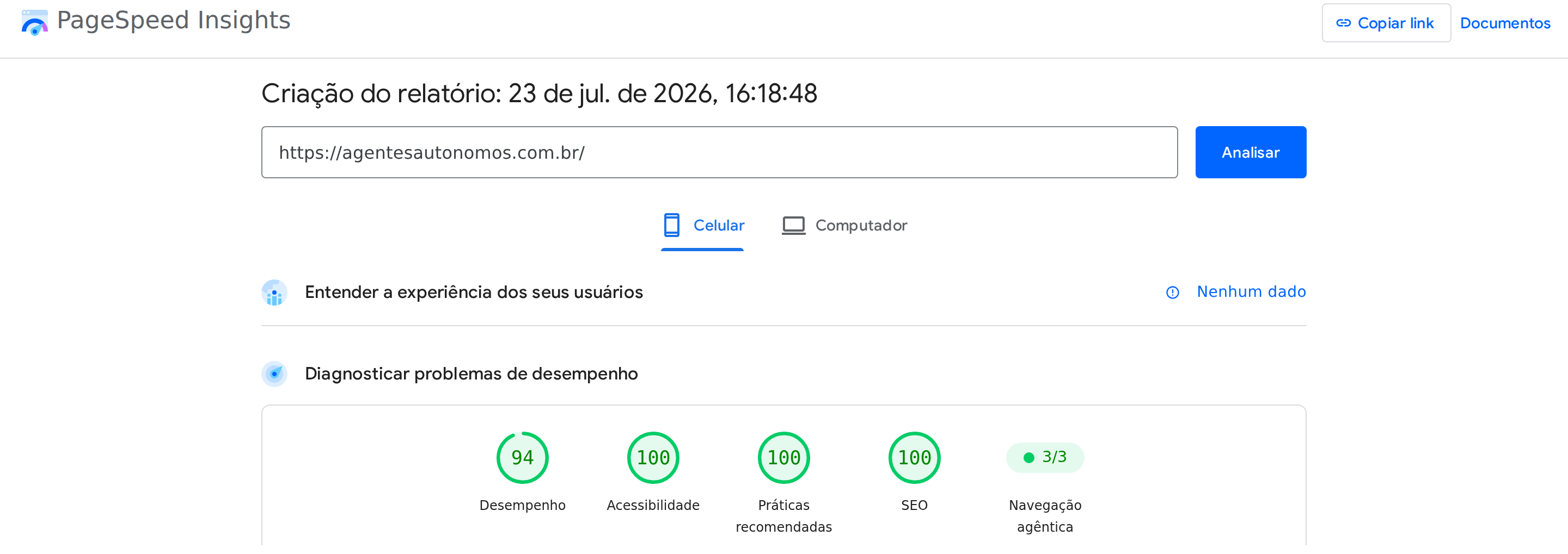 PageSpeed Insights agentesautonomos.com.br mobile — performance 94, others 100, agentic 3/3