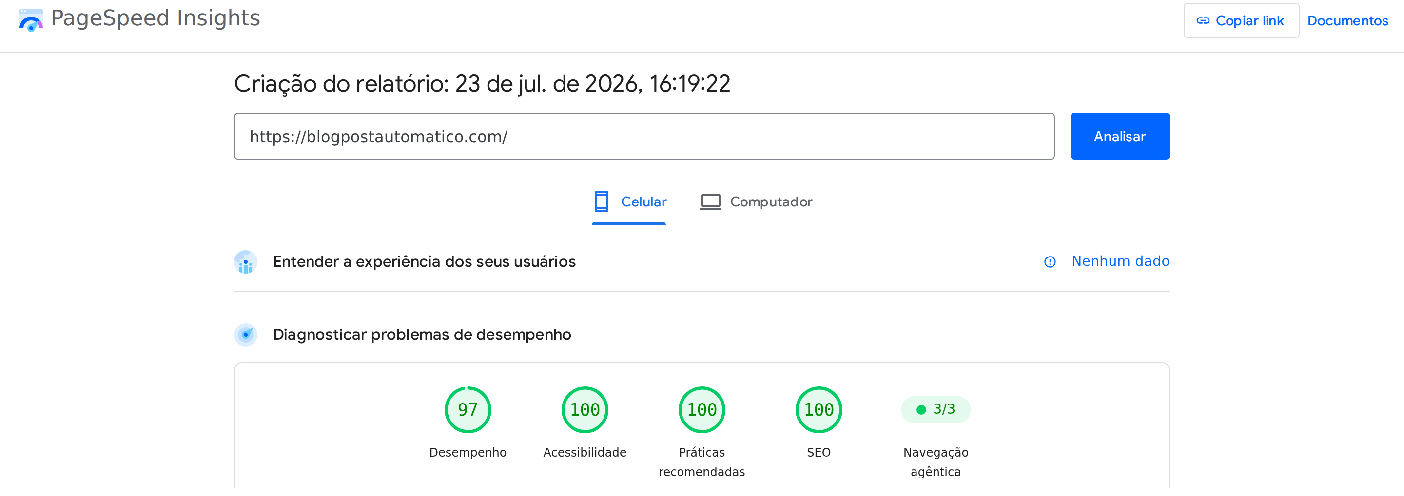 PageSpeed Insights blogpostautomatico.com mobile — performance 97, others 100, agentic 3/3