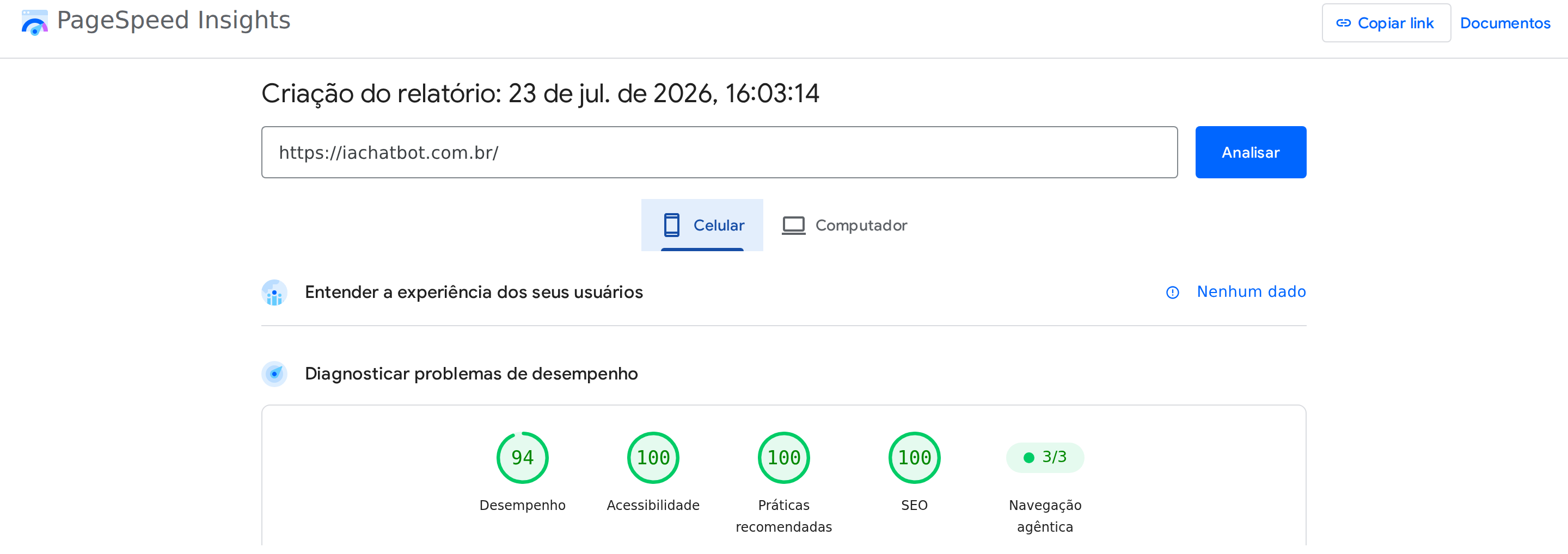 PageSpeed Insights iachatbot.com.br mobile — performance 94, others 100, agentic 3/3